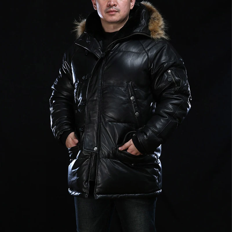 Winter High quality sheepskin Europe USA Plus Size Hooded Derma Real Leather Down Jackets Men's Fur Collar Outdoor Sports Coat