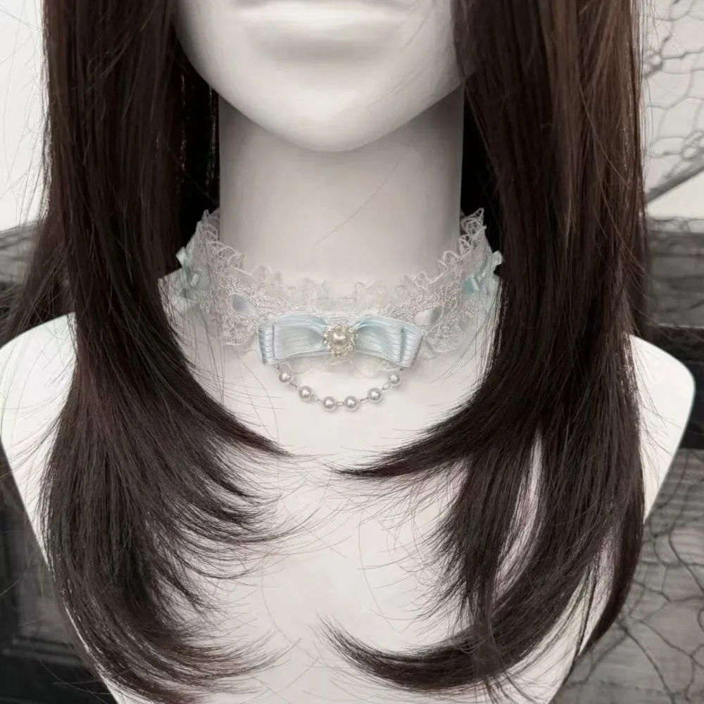 Collana girocollo alla moda con fiocco in pizzo e volant per donna, collana girocollo stile Lolita con perle per ragazza, collana con colletto in pizzo, accessori carini per il collo - immagine 4