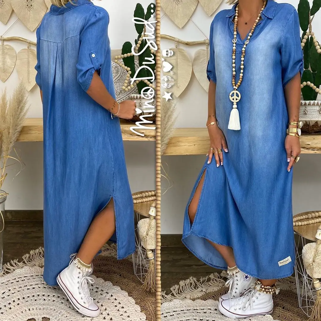 

Y5168, 2023 European and American Women's Clothing Foreign Trade New Washed Denim Loose Fitting Dress