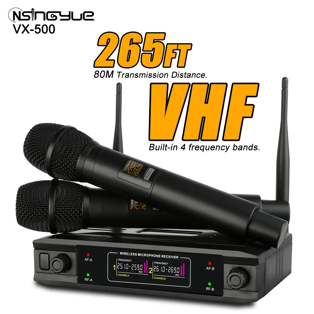 

2 Channel VHF Wireless Microphone Dual Handheld Dynamic Karaoke Mic System 50m for Stage Church Party School PA Speaker Meeting