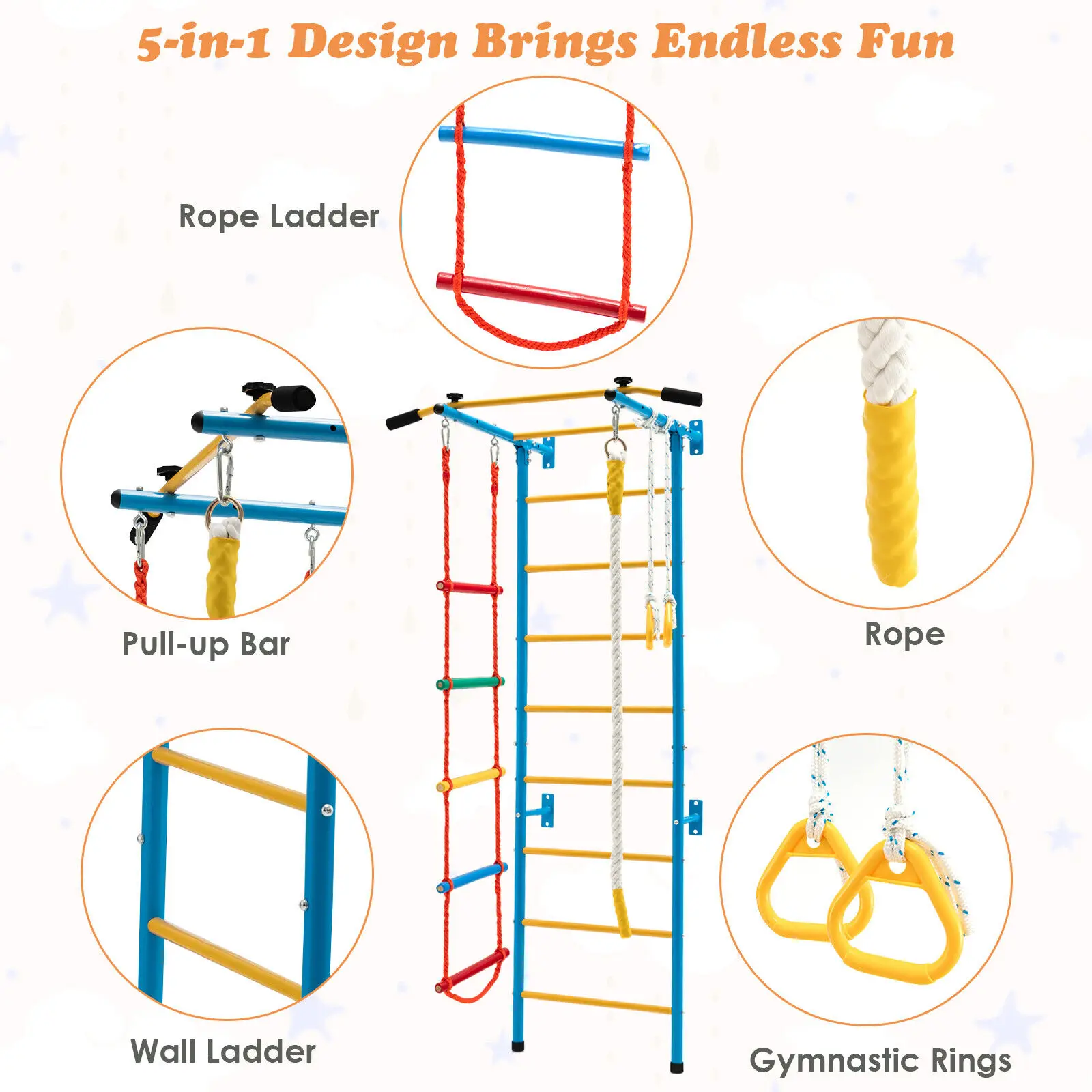Costway 5 in 1 Kids Indoor Wall Gym Children Stall Bars Set Swedish Wall Ladder Home 5
