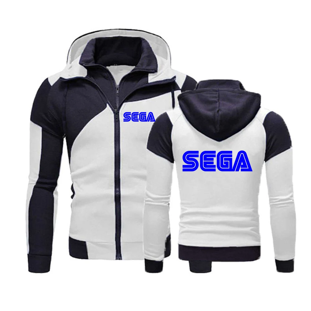 2023 Spring and Autumn New Men Sega Printing Color Matching Hooded Hoodie Cotton High Quality Diagonal Zipper Top
