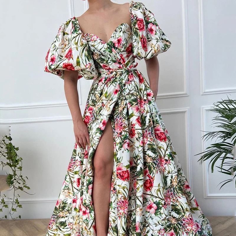 

2023 Fall Puff Sleeve High Waist Long Dress Elegant Lady Split Slim Evening Dress Fashion V-neck Wrapped Chest Print Party Dress