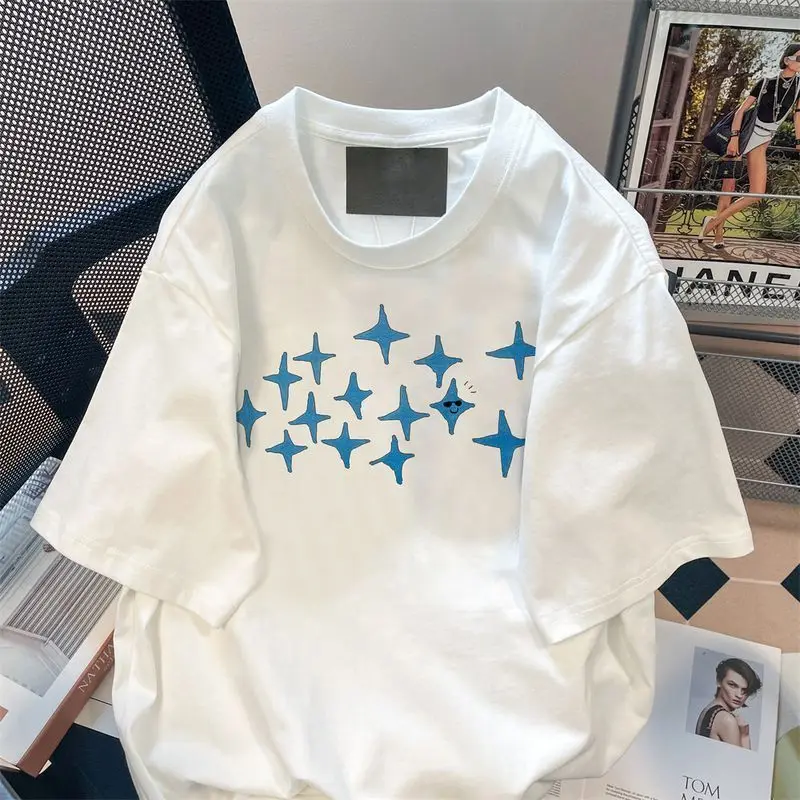 

American niche high street twinkling star printed T-shirts for men and women in summer loose and versatile couple wear niche top