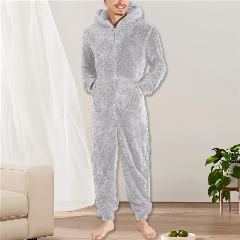 

Long Jumpsuit Casual Bodysuits Lambwool Solid Piece One Sleepwear Woolen Warm Pajamas Winter Hooded Men Zipper Fall