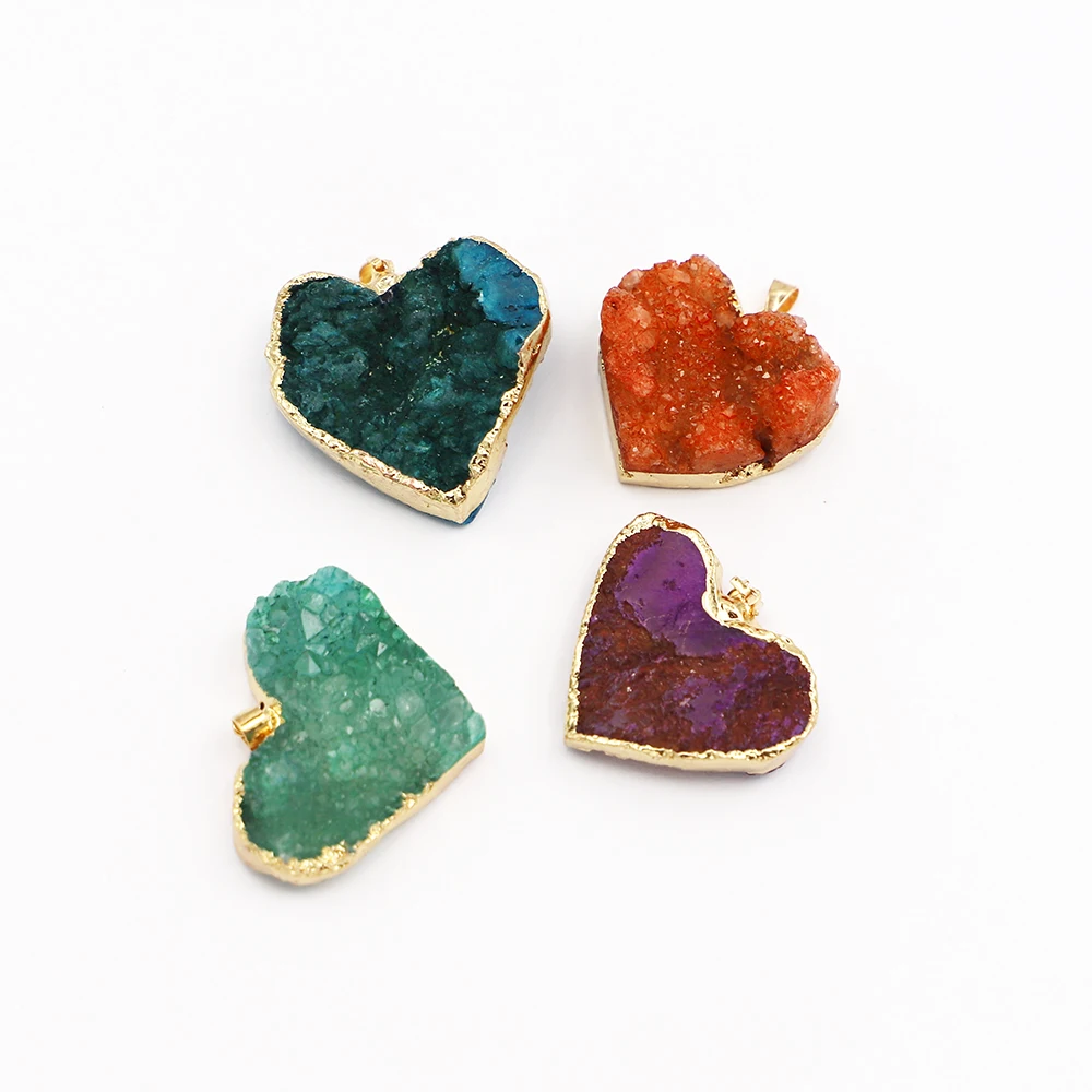 New Designer Natural Stone Druzys Cluster Heart Agates Pendants Charm Necklace Women Jewelry Making 6PCS Bulk Items Wholesale