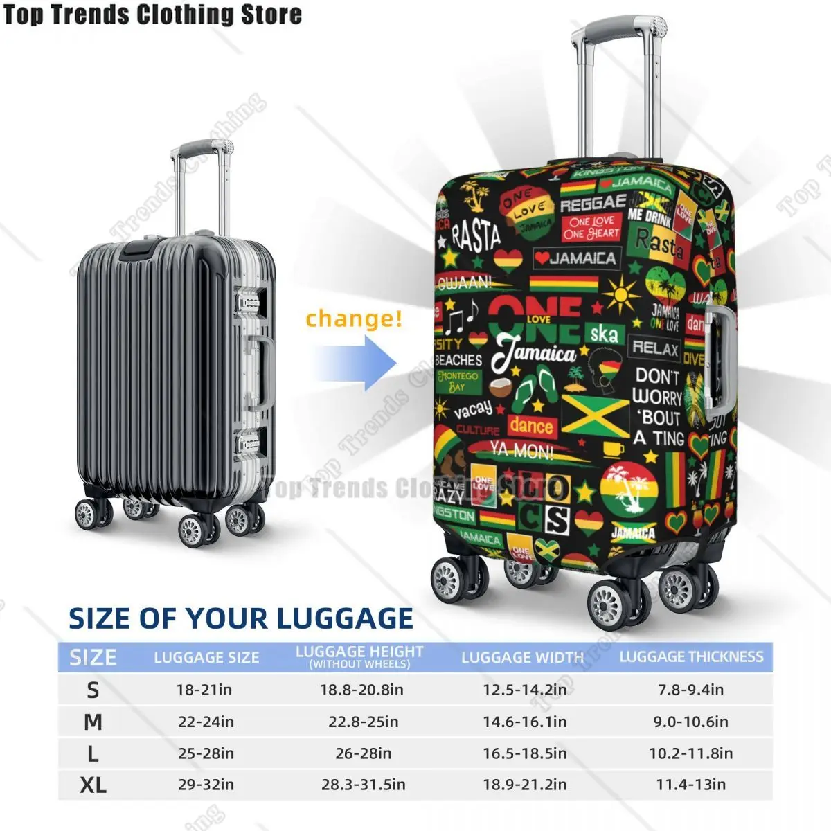 Custom Jamaica One Love Culture Pattern Travel Luggage Cover Washable Suitcase Cover Protector Fit 18-32 Inch 6