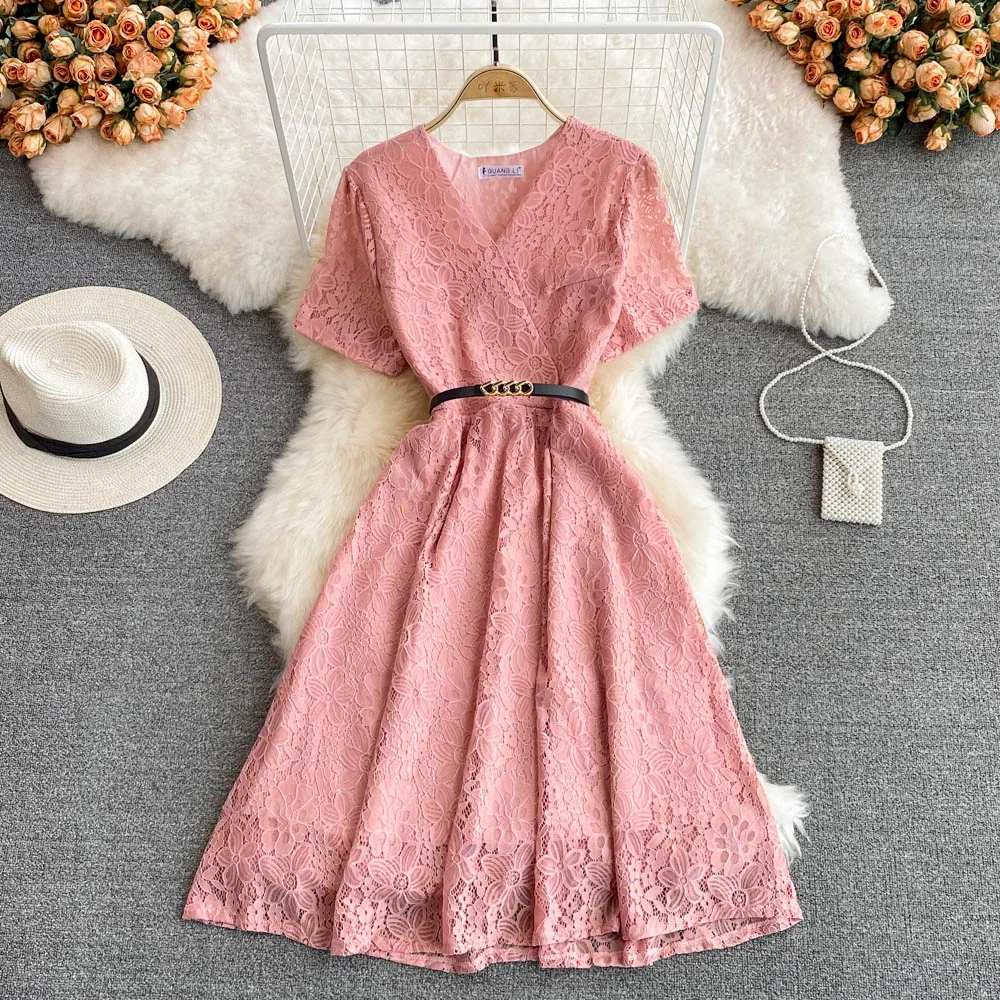 

Women Party Nightclub Fashion Female Summer Holiday Robe Clothes Y2K Sexy Lace V Neck Ruffle High Waist Short Sleeves Belt Dress