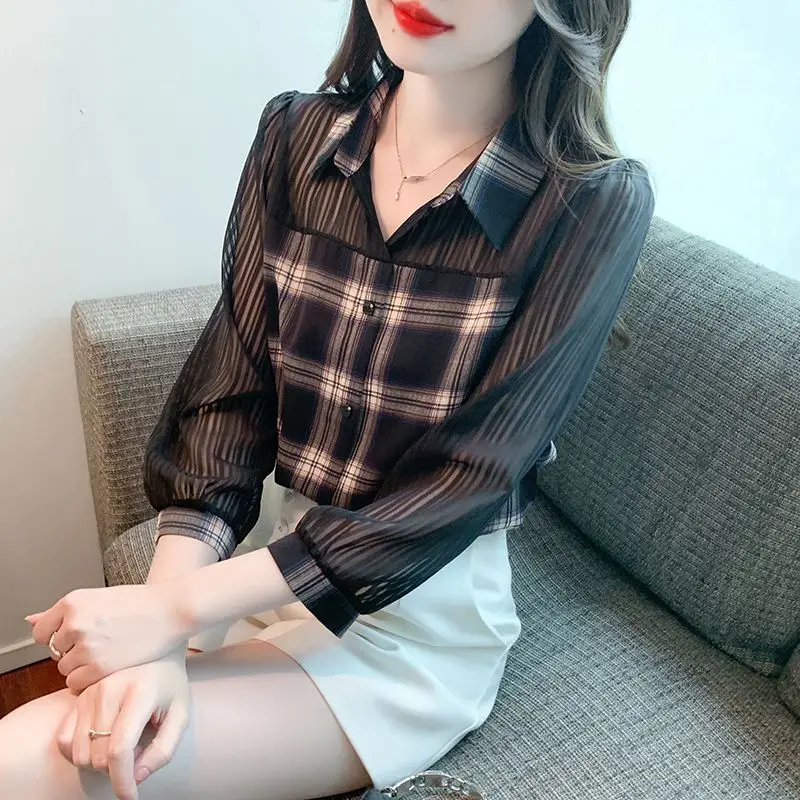 Sweet Lapel Button Plaid Spliced Chiffon Puff Sleeve Blouses Female Clothing 2024 Summer New Loose Casual Tops All-match Shirts