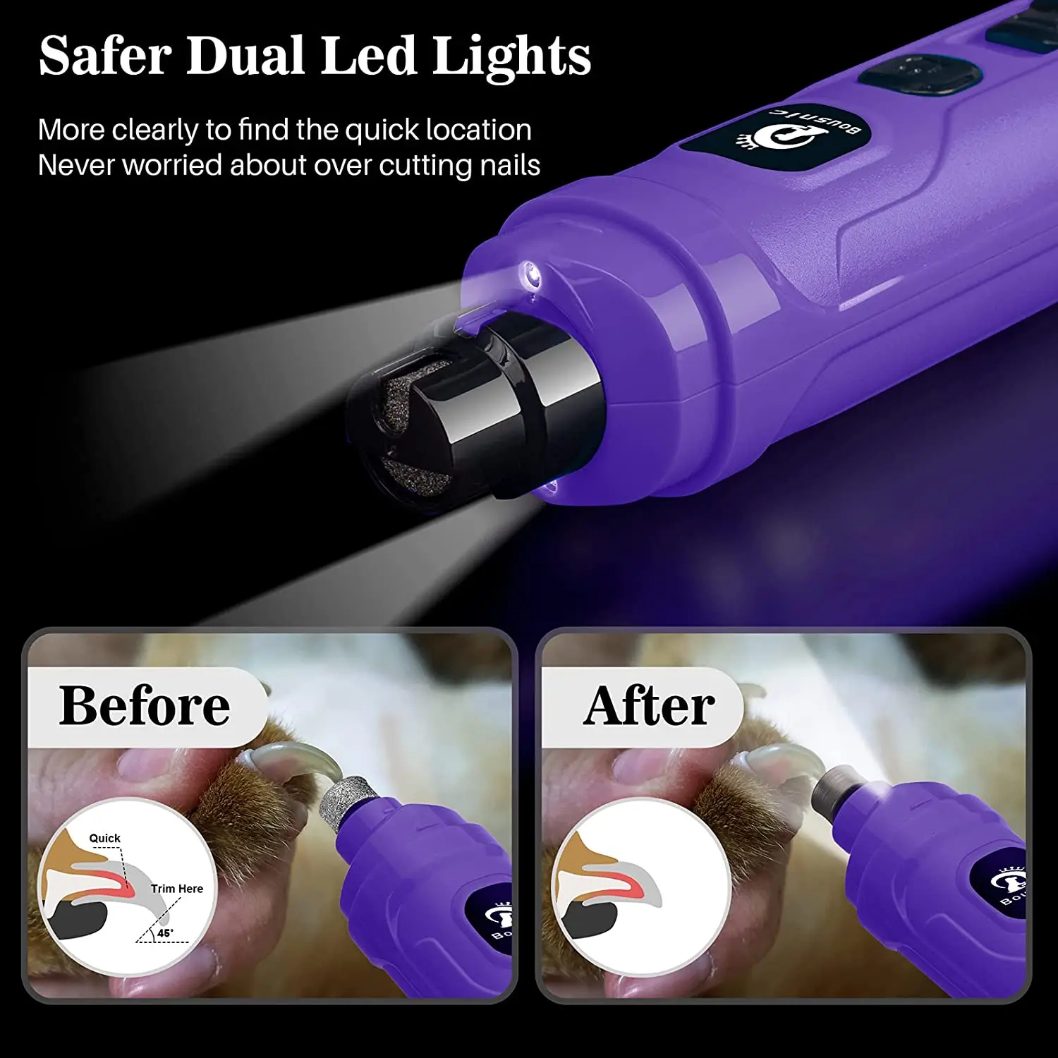 BOUSNIC Dog Nail Grinder with 2 LED Light-Super Quiet Powerful 2-Speed Nail Trimmer File for Small Medium Large Dogs & Cats pet nail grinder