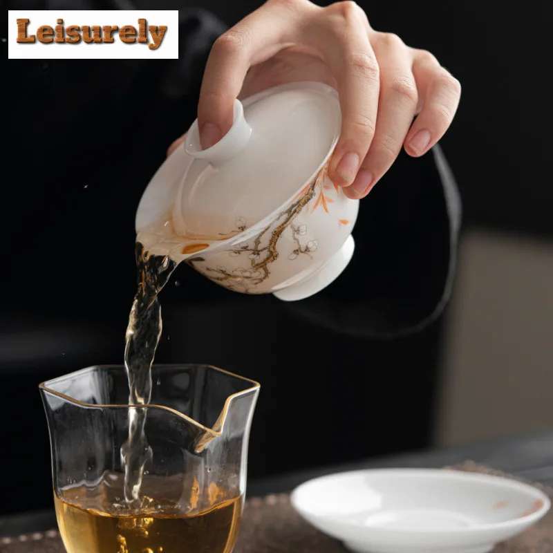 135ml White Jade Clay Gaiwan Ancient Hand-painted Flower Anti-scald Tea Tureen Tea Maker Cover Bowl Drinkware Supplies Ornaments