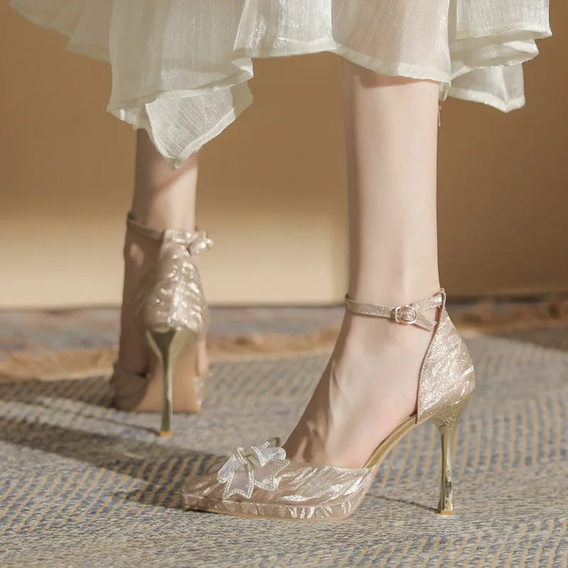 

Butterfly-Knot Shoes luxury Zapatos Shallow Tacones Pointed Chalas Mujer Thin Heels Women Shoes Spring Zapatos Mujer Lace-up Tac