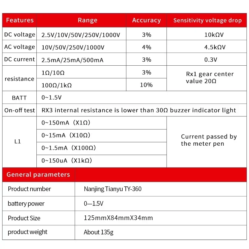 TY-360 Professional Analog Multimeter DC/AC 1000V Voltage Tester 500mA Current Meter 1K Ohm Resistance Gauge Electrical Tester E