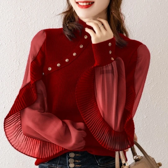 

Red Women Girl Lady Chiffon Pullover Woman Lady Knit Sweaters Hihg Neck Tops Elastic Women's Sweater Top Coat Cloth Suéter