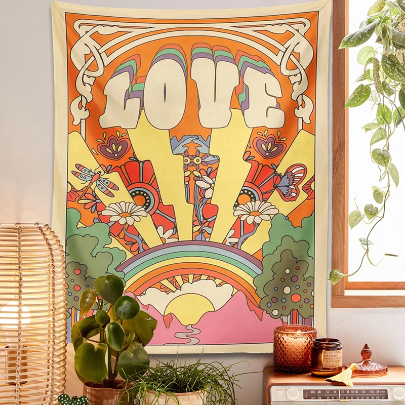 70s Retro Tapestry Vintage LOVE Sun rainbow Wall Art Printed plant flower Psychedelic Hippie Wall Living Room Bedroom Home Decor tapestry decorations