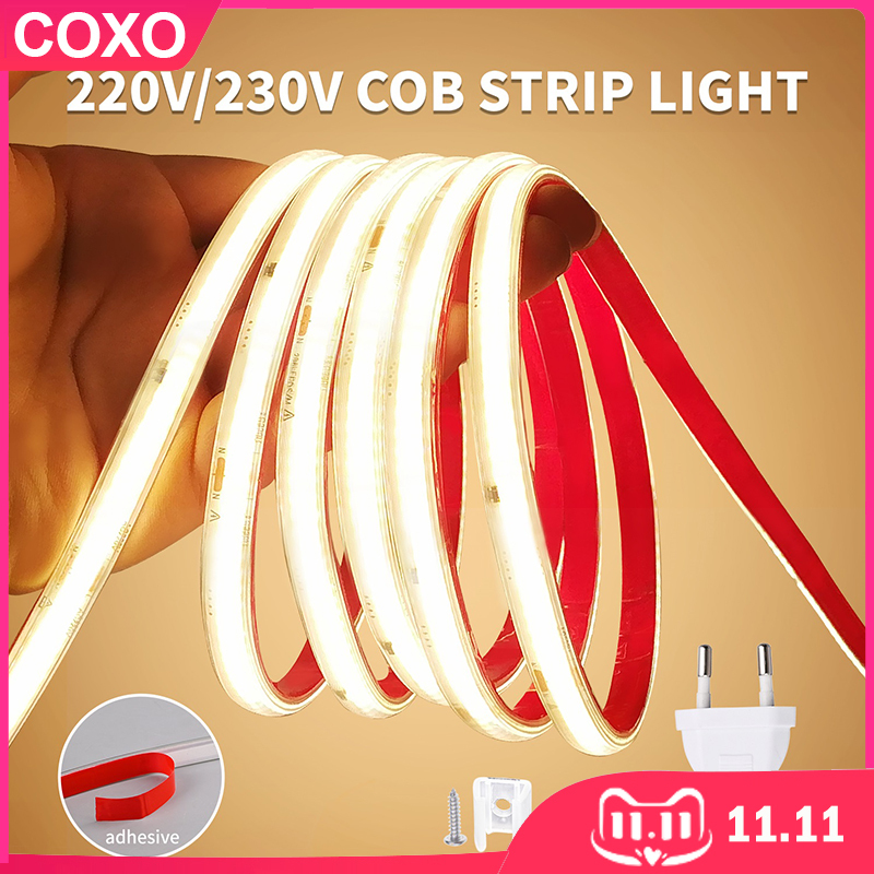 220V COB LED Strip Light 296 LEDs/m High Brightness Waterproof Flexible LED Tape Ribbon for Room Kitchen Outdoor Lighting 230V