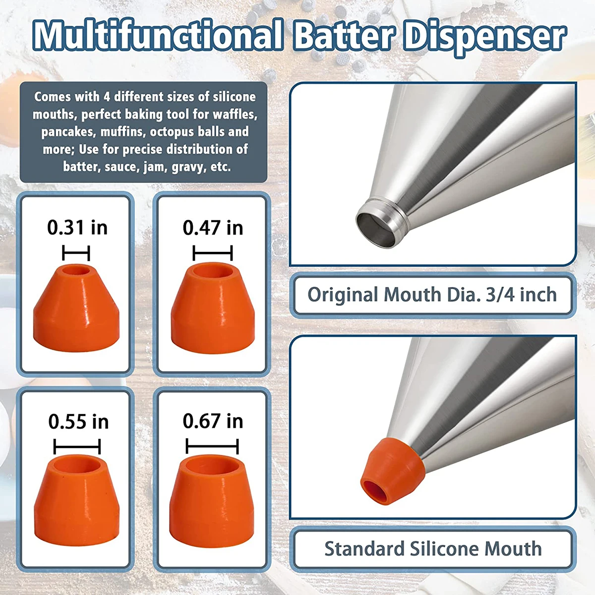Description Picture 4 of itemPancake Batter Dispenser Multi-Caliber Stainless Steel Funnel Dispenser with Stand Cupcakes Baking Maker Tools Kitchen Gadgets