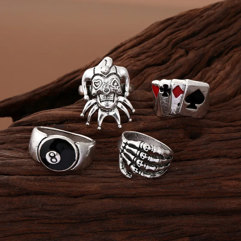 Hip Hop Metal Ring 6-Piece Drip Oil Poker Skull Clown Ring Niche Premium Vintage Set