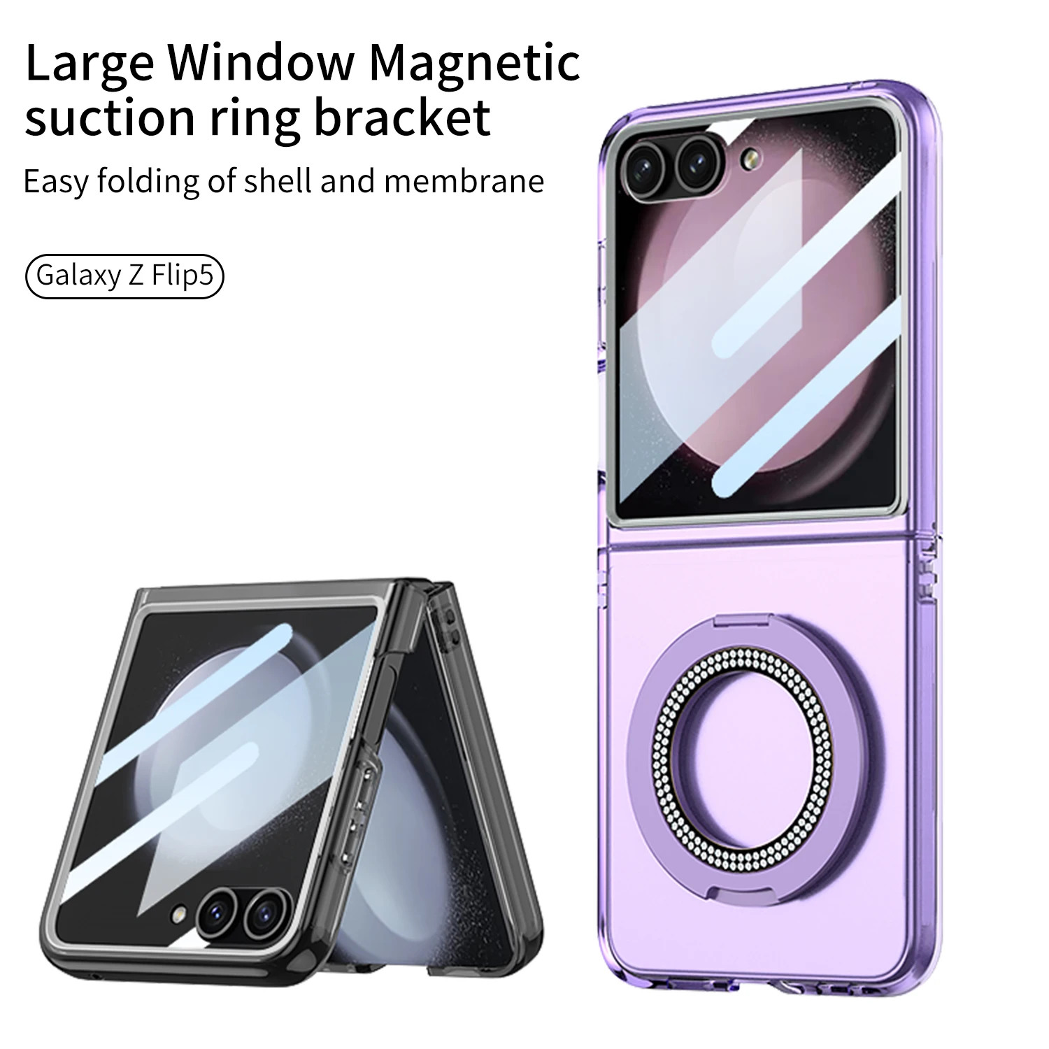 For Samsung Galaxy Z Flip 5 Case Skin Friendly Matte Magnetic Folding Ring Bracket Wireless Charging Large Mirror Film Hard Case