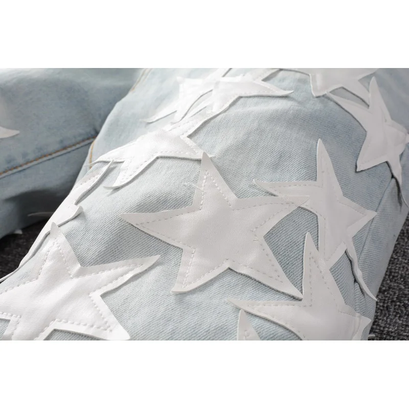 Best Sellers Men\'s Distressed Streetwear Light Blue Denim Pants Leather White Stars Patchwork Moustache Holes Ripped Jeans Pants