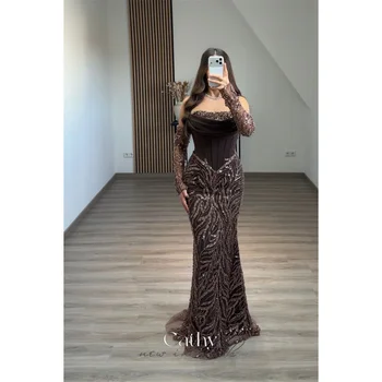 Cathy Customize Brown Shiny Lace Mermaid Prom Dress Long Sleeves Floor-length vestidos de noiva Elegant Zip Back Evening Dresses 1