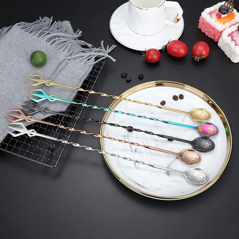 Long Handle Cocktail Spiral Mixing Spoon Fork Stainless Steel Whisky Stir Rod Bartender Muddlers Bar Accessories DH42