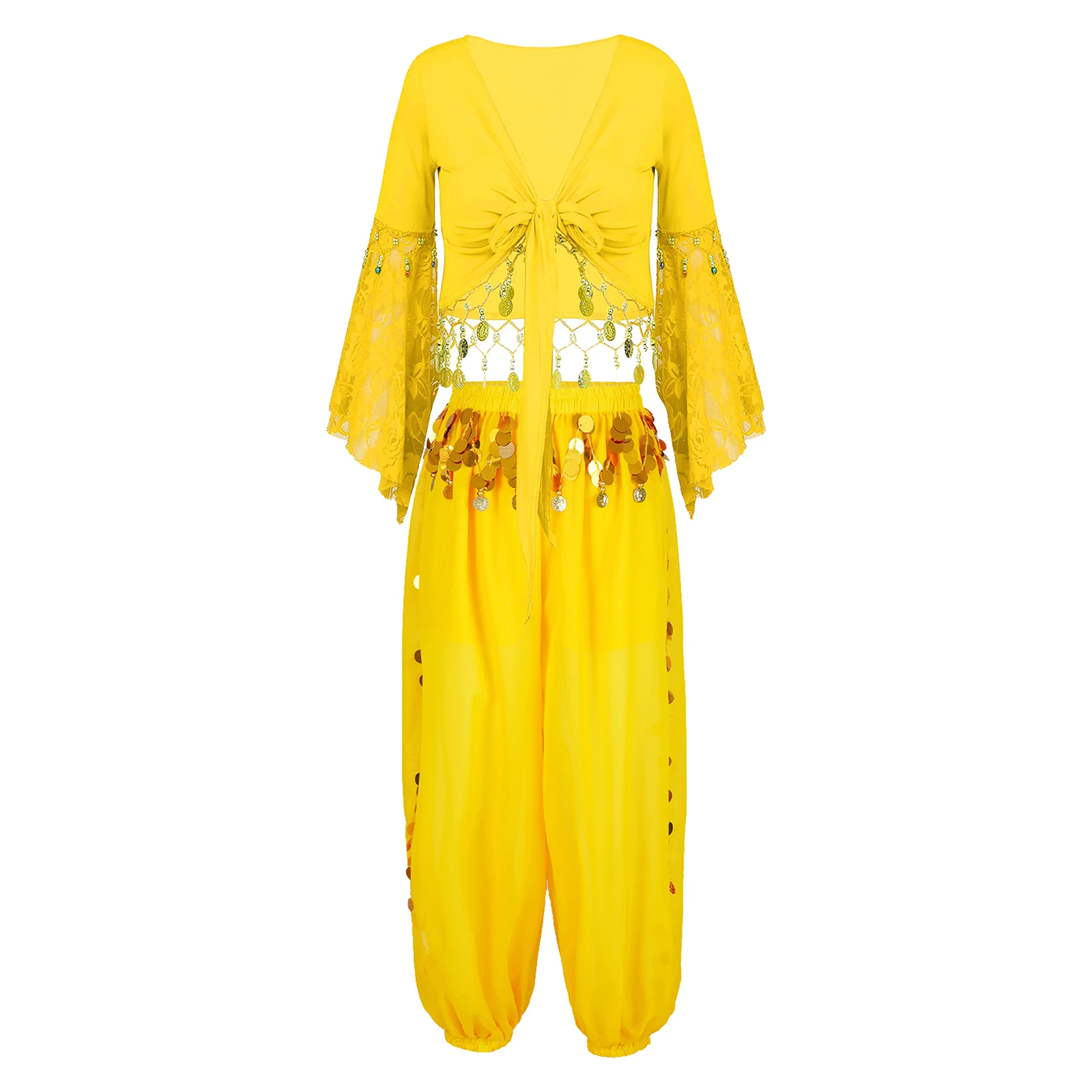 

Womens Belly Dance Performance Outfit Lace Patchwork 3/4 Flare Sleeve Tassel Shawl Crop Top Cardigan with Bloomers Pants