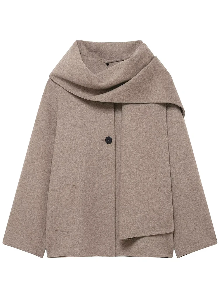 Autumn Winter Jackets For Women Casual Commuter Coat Scarf Collar Loose Oversize Coat Asymmetric Elegant Chic Long Sleeve Jacket