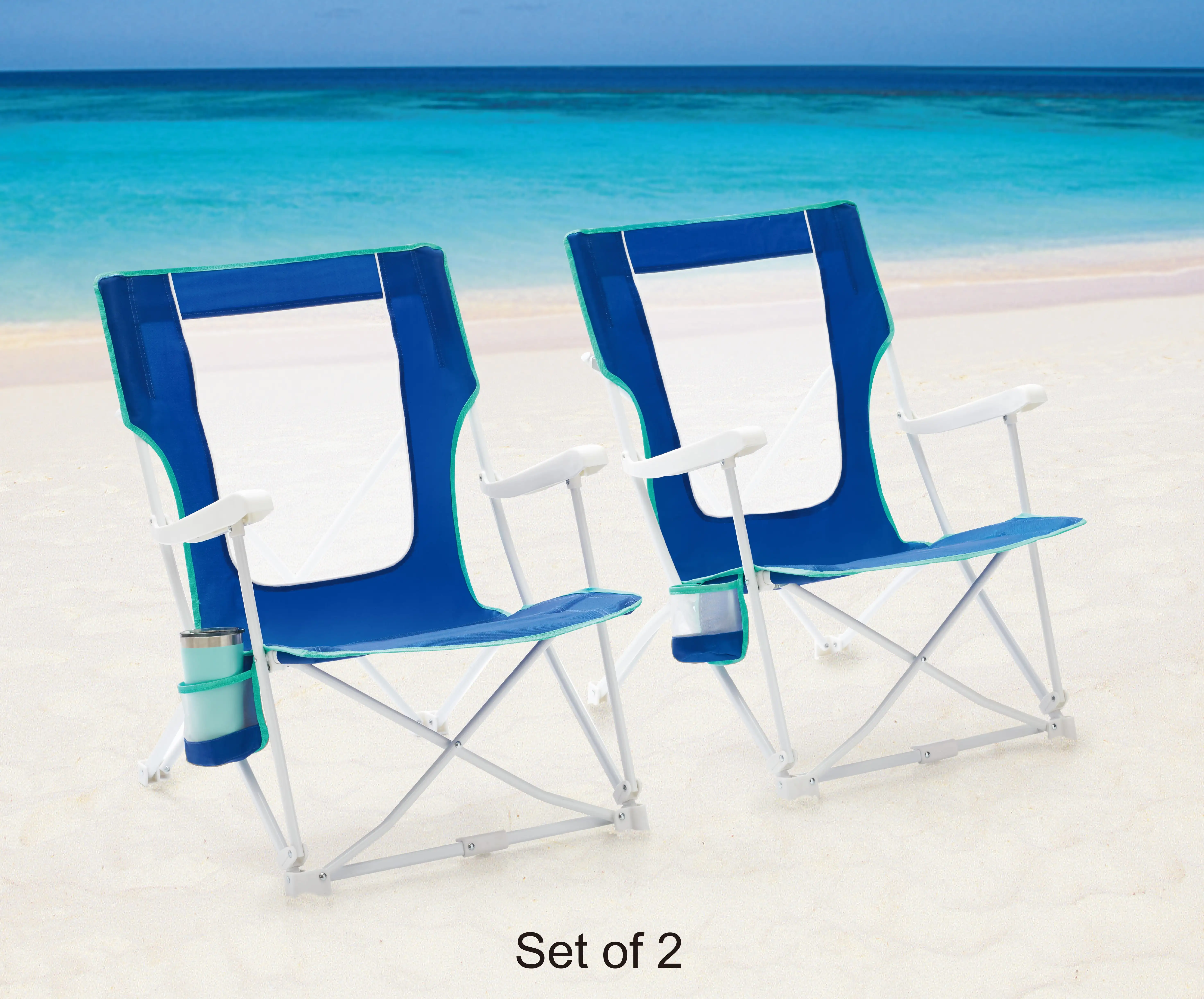 

2-Pack Folding Hard Arm Beach Bag Chair with Carry Bag Outdoor Pool Side Chaise Lounge Portable Backpacking Camping Chair, Blue