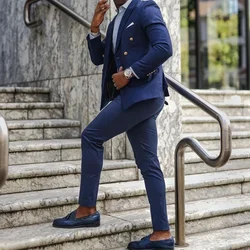 Dark Blue Double Breasted Elegant Men Suits Smart Casual Slim Fit Blazers Business Peak Lapel High Quality Custom 2 Piece Set