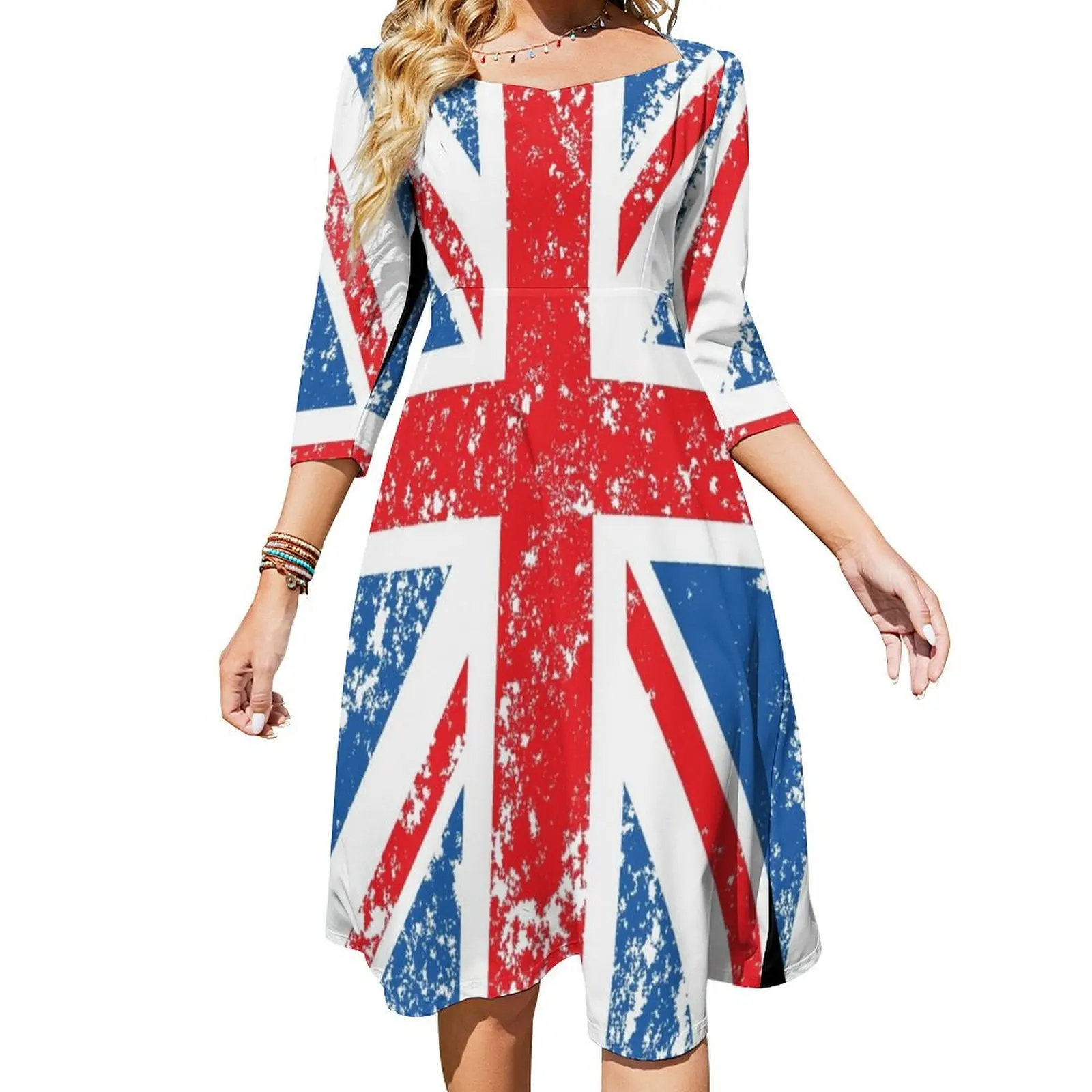 

Расклешенное платье с эффектом состаренного эффекта Union Jack/с флагом, фиолетовое платье, вечернее платье