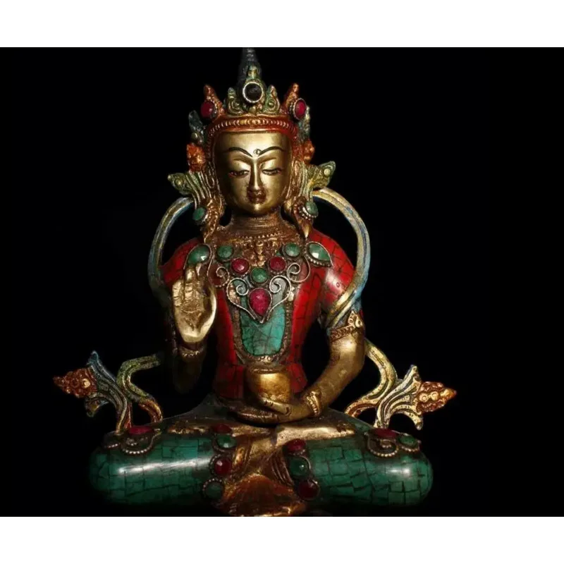 

Chinese Antique Tibetan Buddhism Old Copper Inlaid Gemstone Tārā