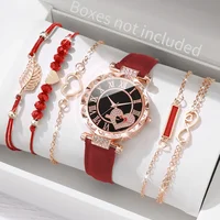 6PCS/Set Women's Watch Fashion Roma Heart Dial Leather Band Quartz Watches Leaf Bracelets Set(Without Box) 1
