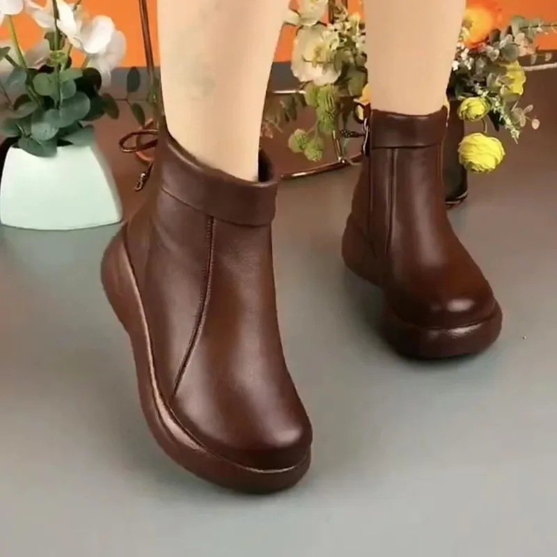 

2024 Autumn Winter Retro Genuine PU Leather Ankle Boots for Women Low Heel Comfortable and Soft Warm Flat Female Shoe Q512