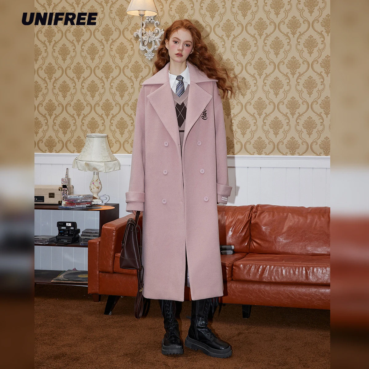 

UNIFREE Autumn Winter Fashion Overcoat female Mid-Long New Korean temperament Women's popular Outerwear Woolen Coat
