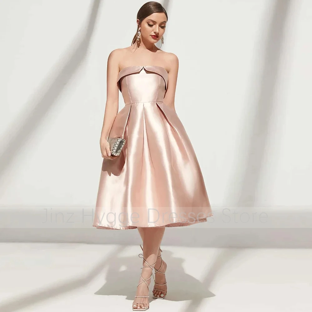 Satin Party Dress for Wedding Champagne A Line Strapless Midi Cocktail Dresses for Women Tea Length Sleeveless Short Prom Gowns