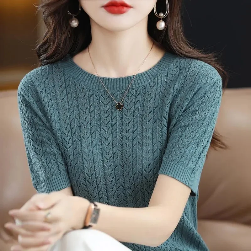용수철 여름 여성용 반팔 스웨터, 한국 패션 니트웨어, 슬림핏 보터밍 셔츠, 캐주얼 O-넥 풀오버 니트 탑