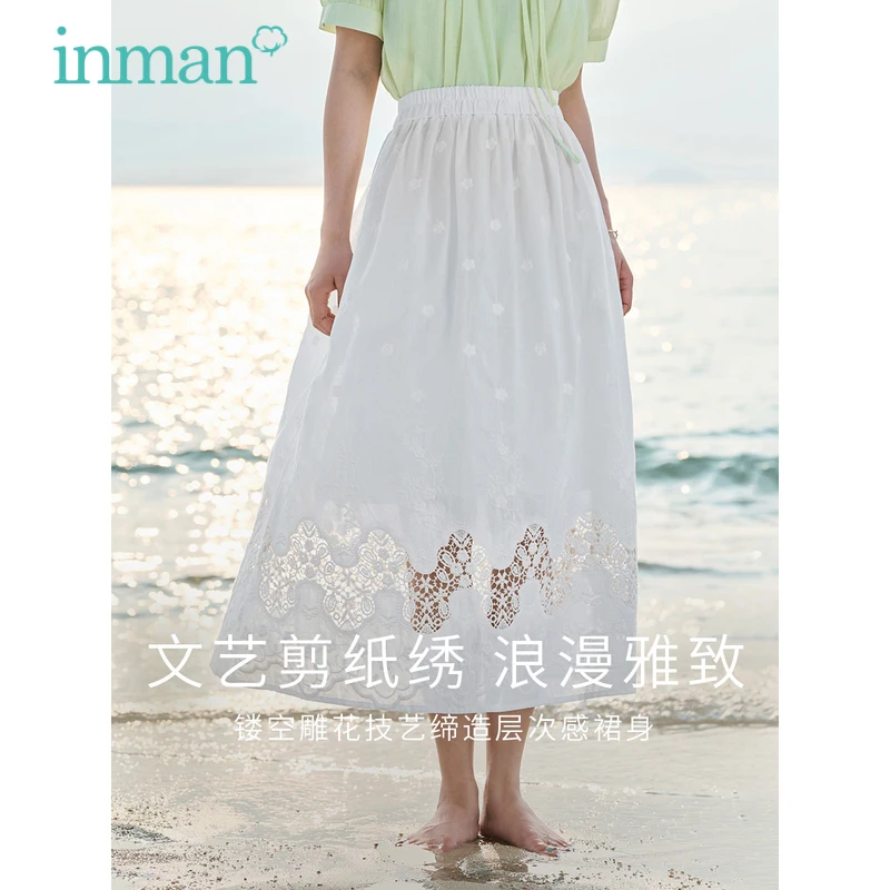 INMAN Women Skirt 2023 Summer Elastic Waist Loose A-shaped Hollow Embroidery French Elegant Romantic White Skirt white french manicure pen