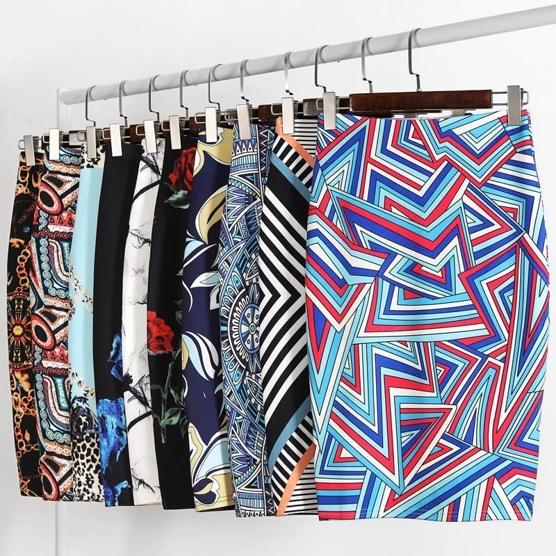 

Femme Faldas FANIECES Vintage Print Slim Midi Pencil Summer High Waist Elegant Office Ladies Bodycon Skirts Stretch Jupe
