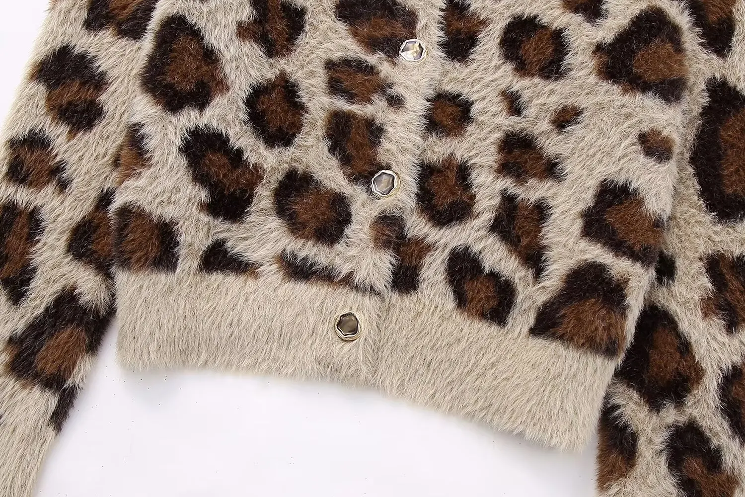 TRAF Leopard Faux Fur Cardigans for Women Jacquard Cropped Sweaters Women Long Sleeve Gold Button Cardigan Women New Knitwears
