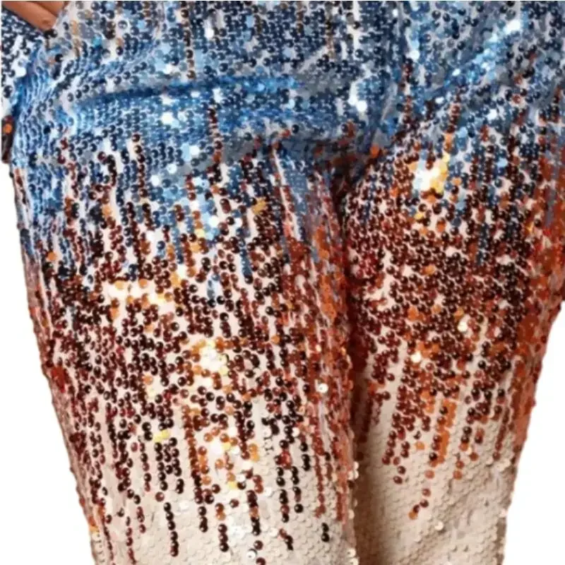 Women Traditional Outfit Autumn Elegant African Long Sleeve V-neck Sequin 2 Piece Top Pant Matching Sets African Clothes