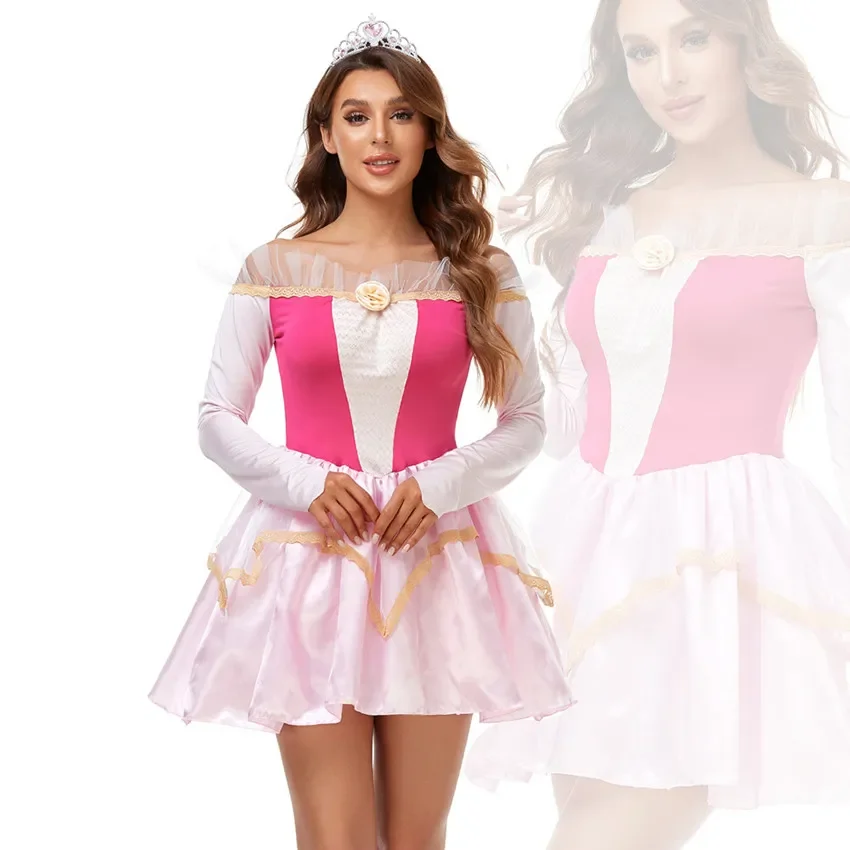 

Adult Beauty and Beast Dress Women Stage Performance Costumes Princess Aurora Pink Dress Carnival Cosplay Dress Halloween Outfit