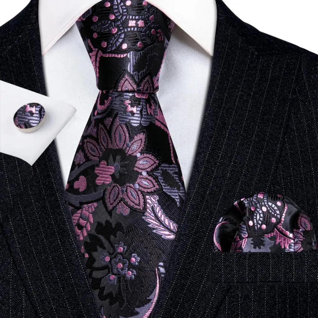 

Designer Men Tie Black Pink Floral Necktie Pocket Square Cufflinks Set Corbata Wedding Accessories Barry·Wang cravate homme6200
