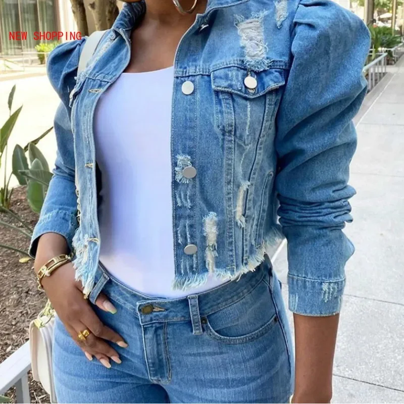 Autumn Women Sexy Ripped Denim Jackets 2021 Vintage Casual Short Jean Jacket Puff Sleeve Winter Female Coat Streetwear Plus Size