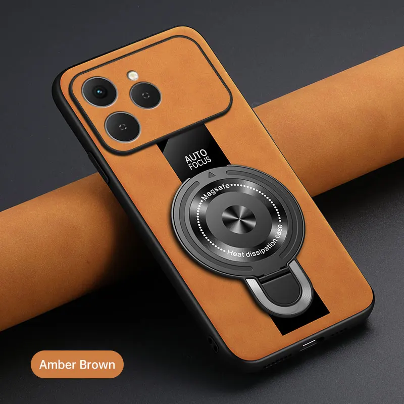 Luxury Magnetic Ring Holder Case - Premium Sheepskin Leather & Plexiglass Shockproof Back Cover