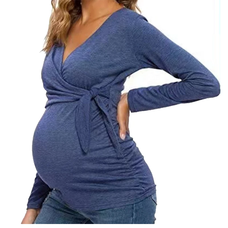 Womens Clothing Pregnancy Shirt Maternity Clothes Nursing Top Long Sleeve V-Neck Maternity Blouses Cross Belt Nursing T-Shirt 3