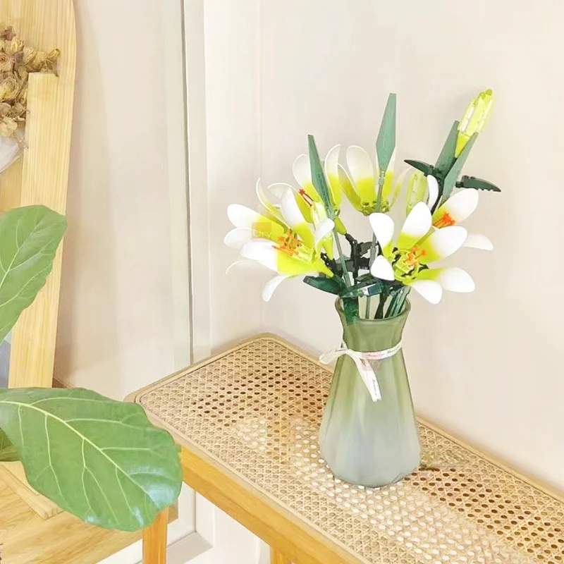 Fai Da Te Lily Simulation Bouquet Ideas Bricks,Green Plant Flower 3D Model Building Block, Creative Never Fade Flowers Diamond Toys