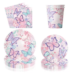 Pink Purple Butterfly Theme Party Paper Tableware Baby Shower Birthday Party Decoration Wedding Festival Plates Napkin Supplies