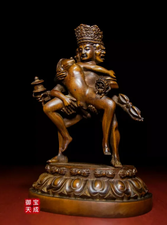 china 6" Tibet Buddhism Boxwood Wood Carving Yab-Yum Mandkesvara Buddha Statue 2