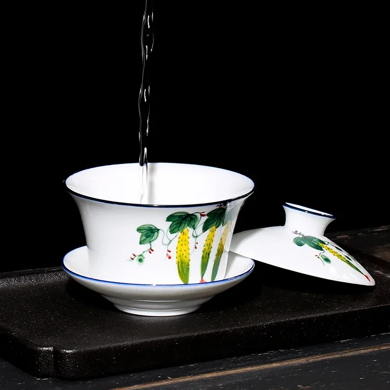 Chinese Hand Painted Ceramic Gaiwan Teacup handmade Tea tureen Teaware Accessories Household Drinkware Personal Single Cup 240ml